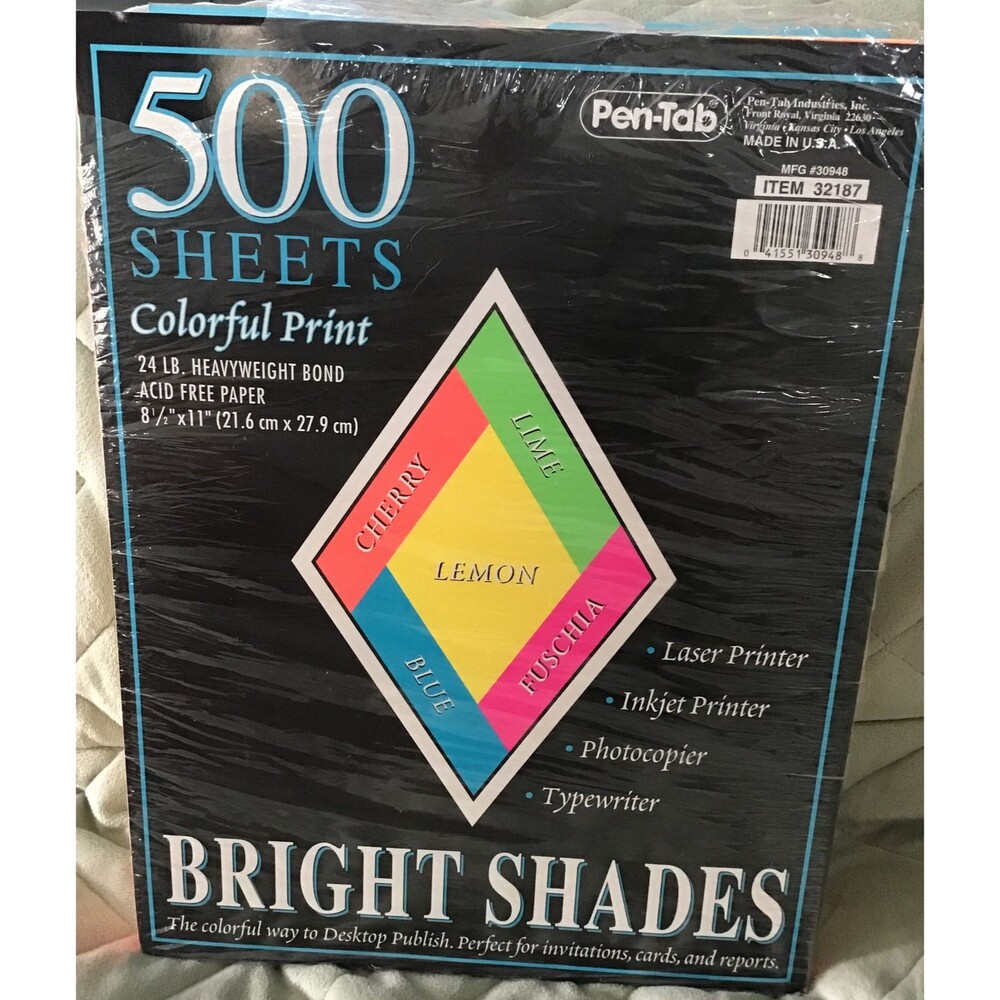 Open Pkg Pen-Tab Industries, Inc. Heavyweight Bond Bright Shades 8.5 x 11” Paper